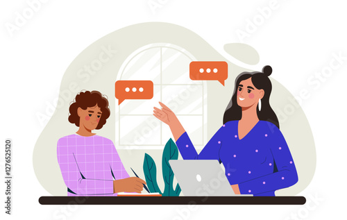 Mentor and student engaging in learning session with laptop and notebook. The mentor explains while the student takes notes. Modern, flat style concept of education and mentorship. Vector illustration