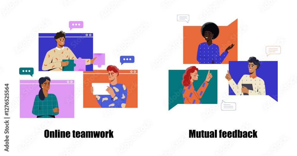 Digital illustration of remote teamwork and feedback, featuring diverse people collaborating through online windows and speech bubbles on a white background. Vector illustration Digital illustration of remote teamwork and feedback, featuring diverse people collaborating through online windows and speech bubbles on a white background. Vector illustration
