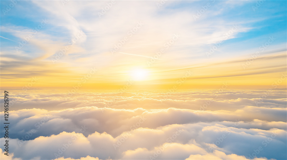 Obraz premium A bright and beautiful sunrise above a sea of clouds, with soft hues of yellow and blue blending together. The scene evokes a sense of peace and calm.