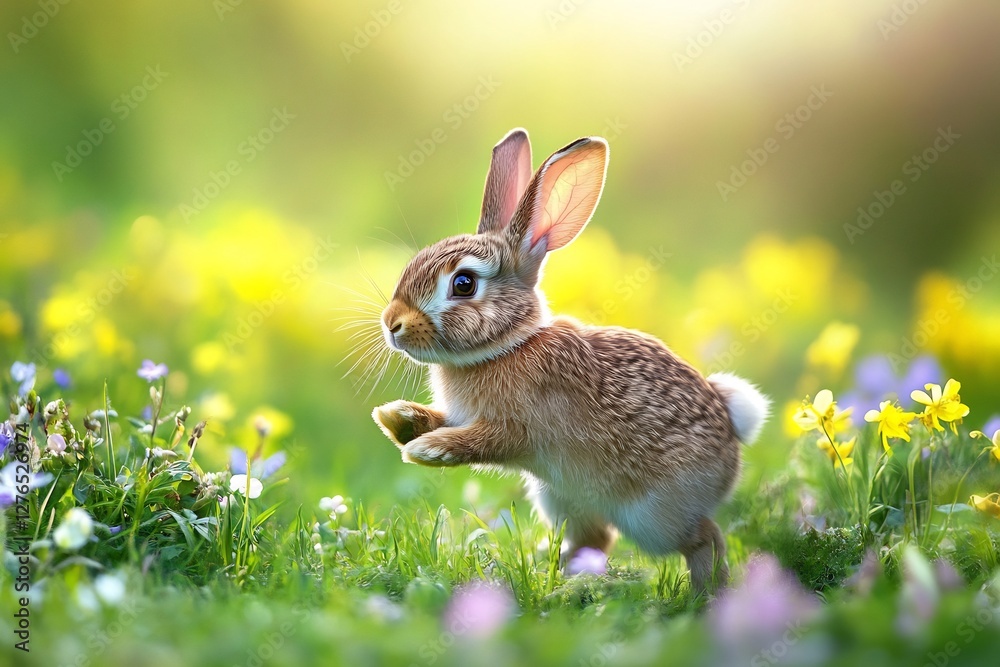 Fototapeta premium cartoon rabbit in spring field with colorful flowers