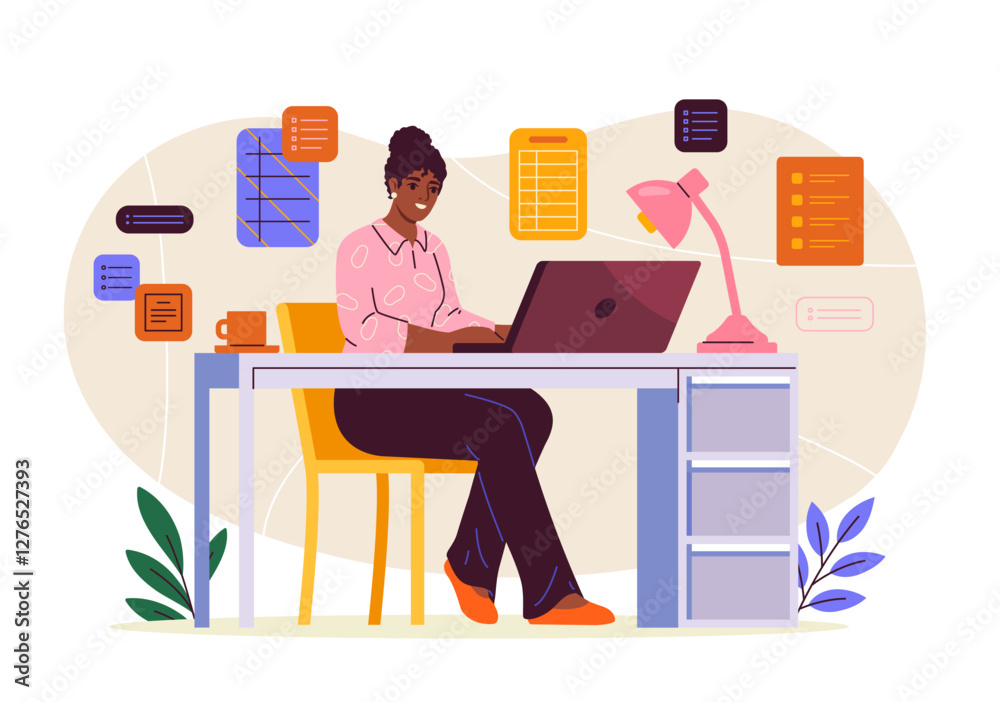 Woman sitting at a desk, working on a laptop in an office setting with floating task icons around. Modern, colorful style on a light background. Productivity concept. Vector illustration Woman sitting at a desk, working on a laptop in an office setting with floating task icons around. Modern, colorful style on a light background. Productivity concept. Vector illustration