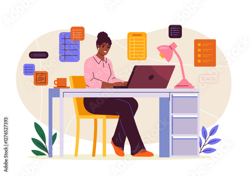 Woman sitting at a desk, working on a laptop in an office setting with floating task icons around. Modern, colorful style on a light background. Productivity concept. Vector illustration