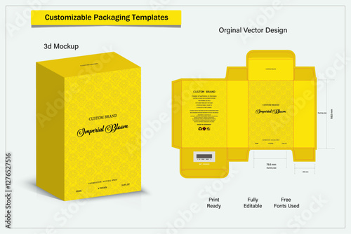Perfume Packaging design, luxury box design template, Box die line, 3d Box Mockup, and Design elements. Illustration Vector Design Template.