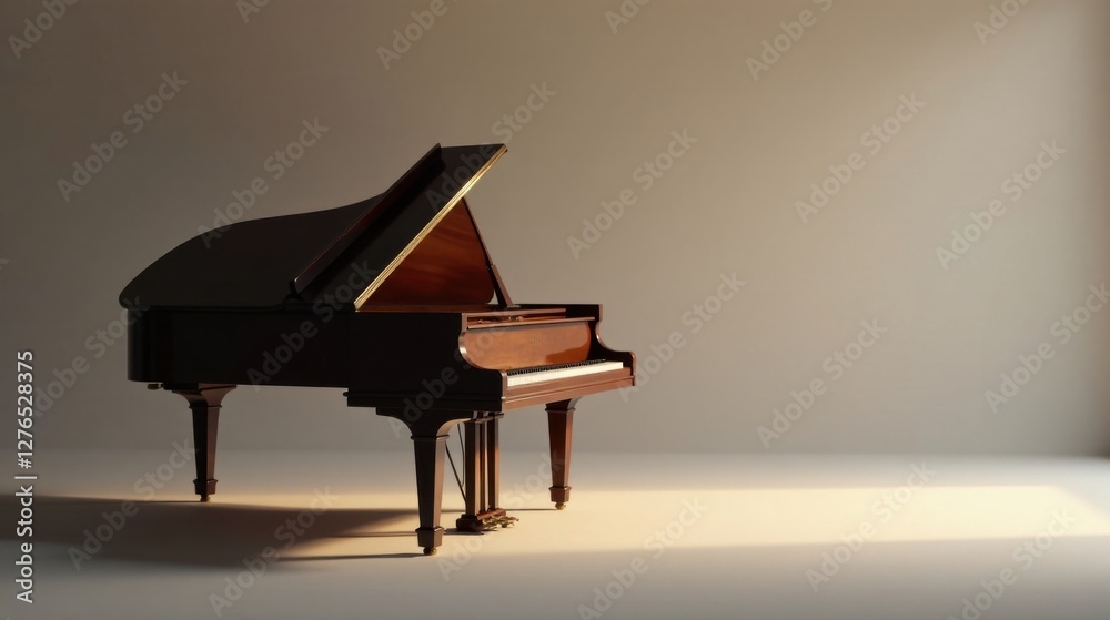 Elegant Grand Piano in a Softly Lit Room, Ready for a Musical Performance Elegant Grand Piano in a Softly Lit Room, Ready for a Musical Performance