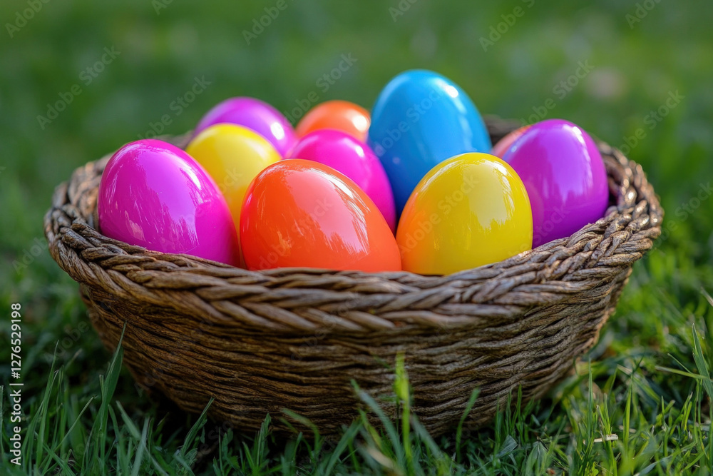 A basket of colorful plastic Easter eggs, festive and playful, holiday theme A basket of colorful plastic Easter eggs, festive and playful, holiday theme