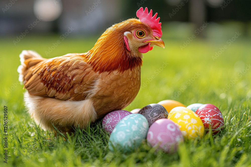 Fototapeta premium A chicken with Easter eggs, playful and festive, holiday theme.