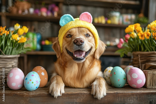 A dog dressed in an Easter ...