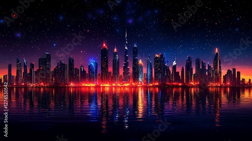 Vibrant city skyline at twilight with reflections in water and starry sky