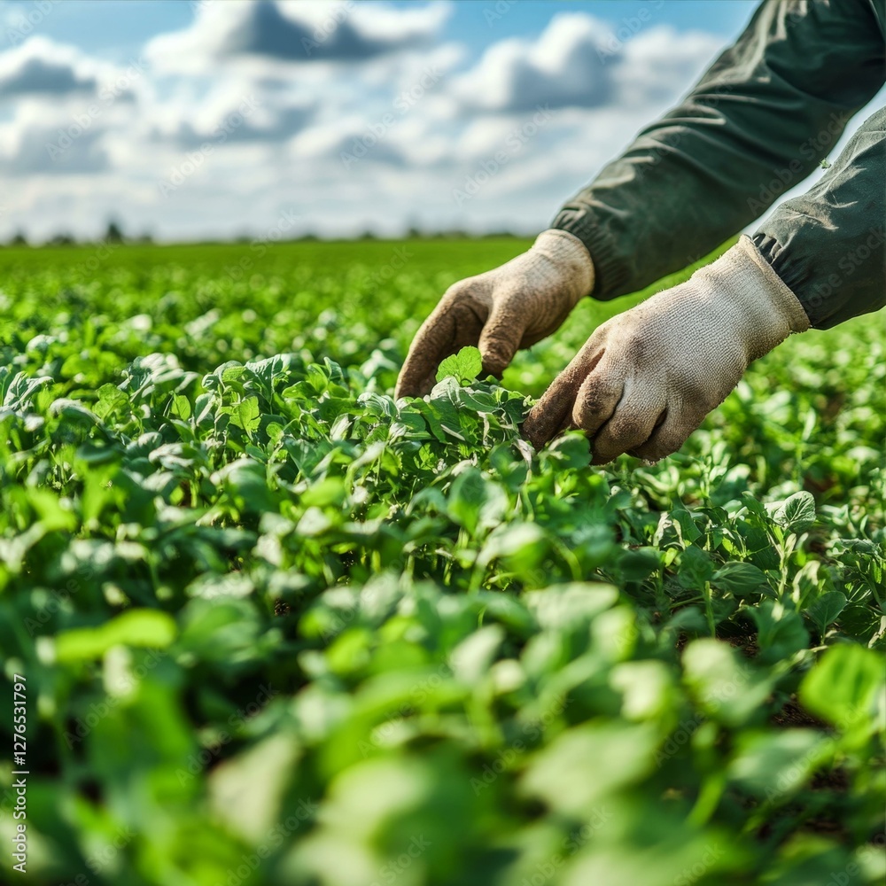 Cultivating the Soil Agriculture Worker Inspecting Young Crops in a Vast Field Under a Cloudy Sky Cultivating the Soil Agriculture Worker Inspecting Young Crops in a Vast Field Under a Cloudy Sky