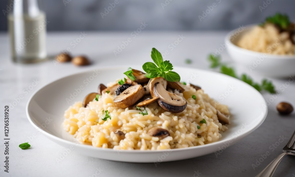 Creamy Mushroom Risotto Garnished with Fresh Herbs on a White Plate Creamy Mushroom Risotto Garnished with Fresh Herbs on a White Plate