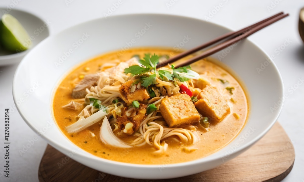 Delicious Bowl of Spicy Noodle Soup with Tofu and Fresh Herbs Delicious Bowl of Spicy Noodle Soup with Tofu and Fresh Herbs