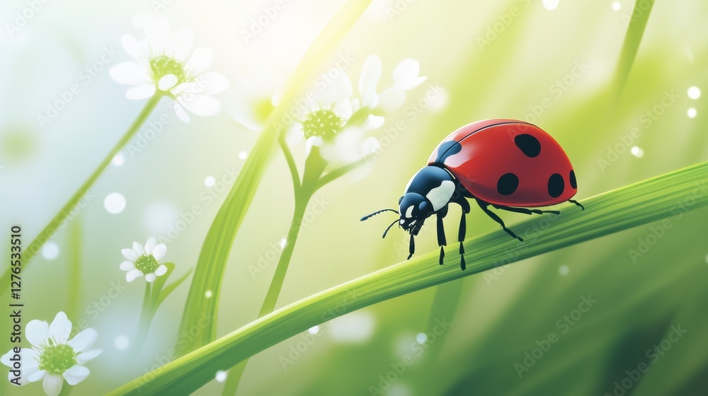 Fototapeta premium Beautiful cute ladybug with flower in Spring.