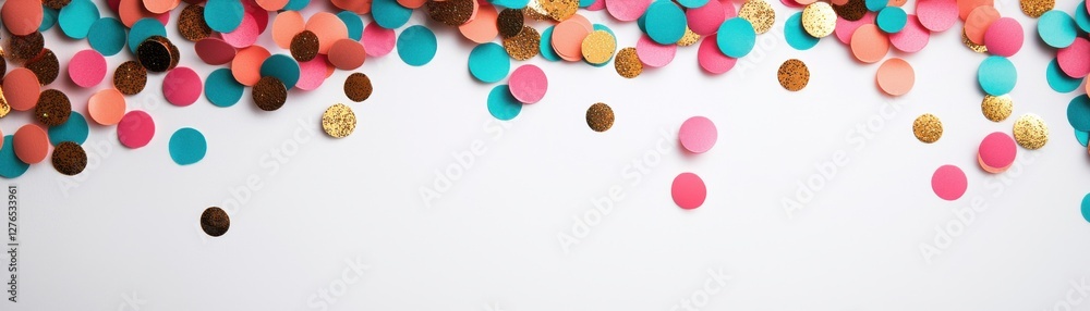 Colorful confetti in pink, blue, and gold scattered across a white surface, adding a festive touch to any celebration. Colorful confetti in pink, blue, and gold scattered across a white surface, adding a festive touch to any celebration.