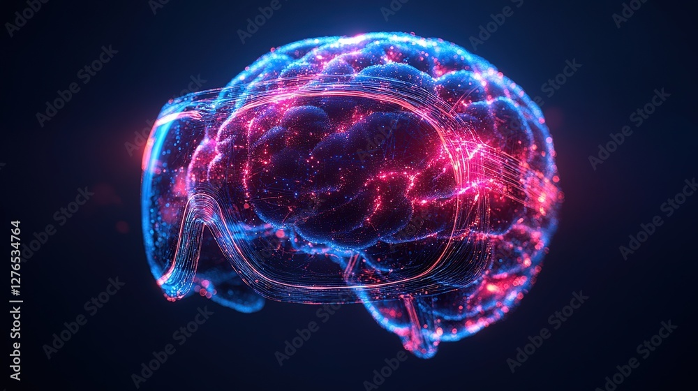 Futuristic depiction of a glowing brain wearing virtual reality goggles against a dark background Futuristic depiction of a glowing brain wearing virtual reality goggles against a dark background