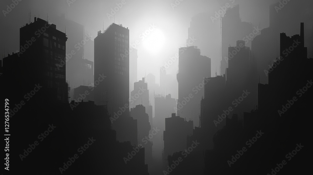 Naklejka premium Monochromatic metropolis skyline shrouded in dense atmospheric haze