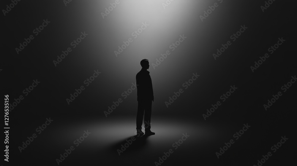 Monochromatic silhouette, A man contemplates in illuminated solitude Monochromatic silhouette, A man contemplates in illuminated solitude