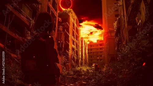 lo-fi anime, lo-fi art, Anime Girl Standing in a Post-Apocalyptic City with a Solar Eclipse. Seamless looping time lapse animation video background  
