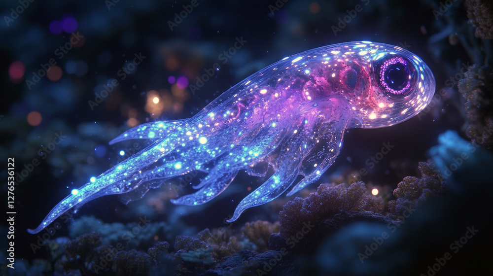 Fototapeta premium Ethereal bioluminescent sea creature gliding in glowing underwater world.