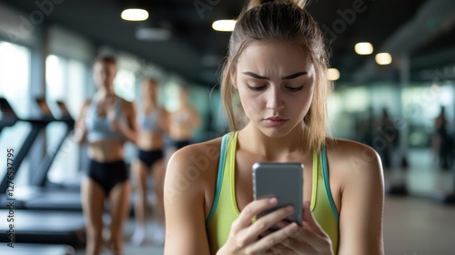 Social media rumors affecting a woman in a fitness class. Featuring unease and distraction