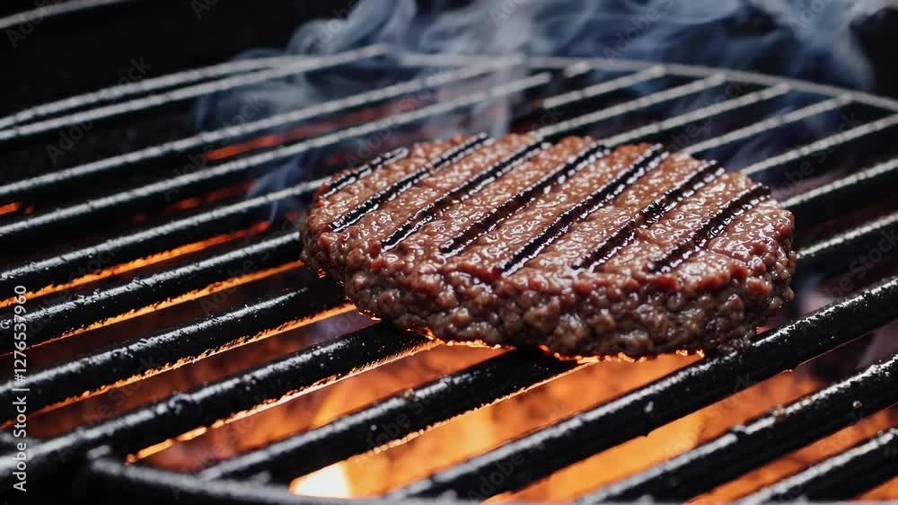 Grilled burger patty on barbecue grill with flames and smoke, delicious summer barbecue concept
