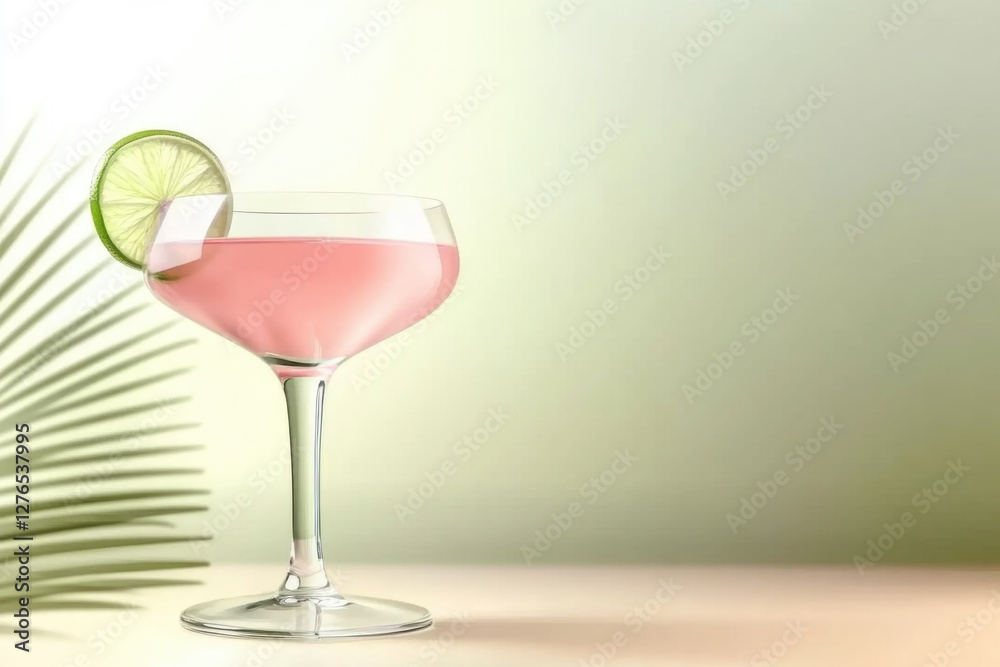 Refreshing pink cocktail in a coupe glass with lime on a yellow surface Refreshing pink cocktail in a coupe glass with lime on a yellow surface