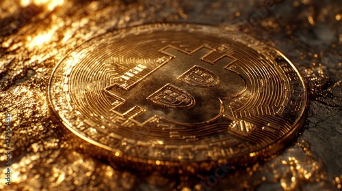 Golden Bitcoin on Fractured Gold, Sunlit Digital Currency photo