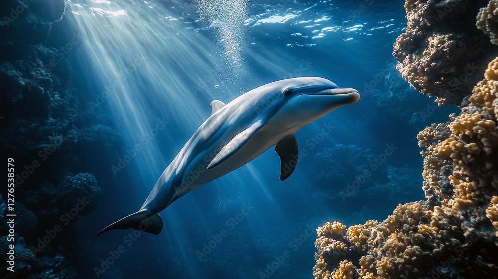 Naklejka premium Graceful dolphin swimming through sunlit ocean waters among coral reefs.