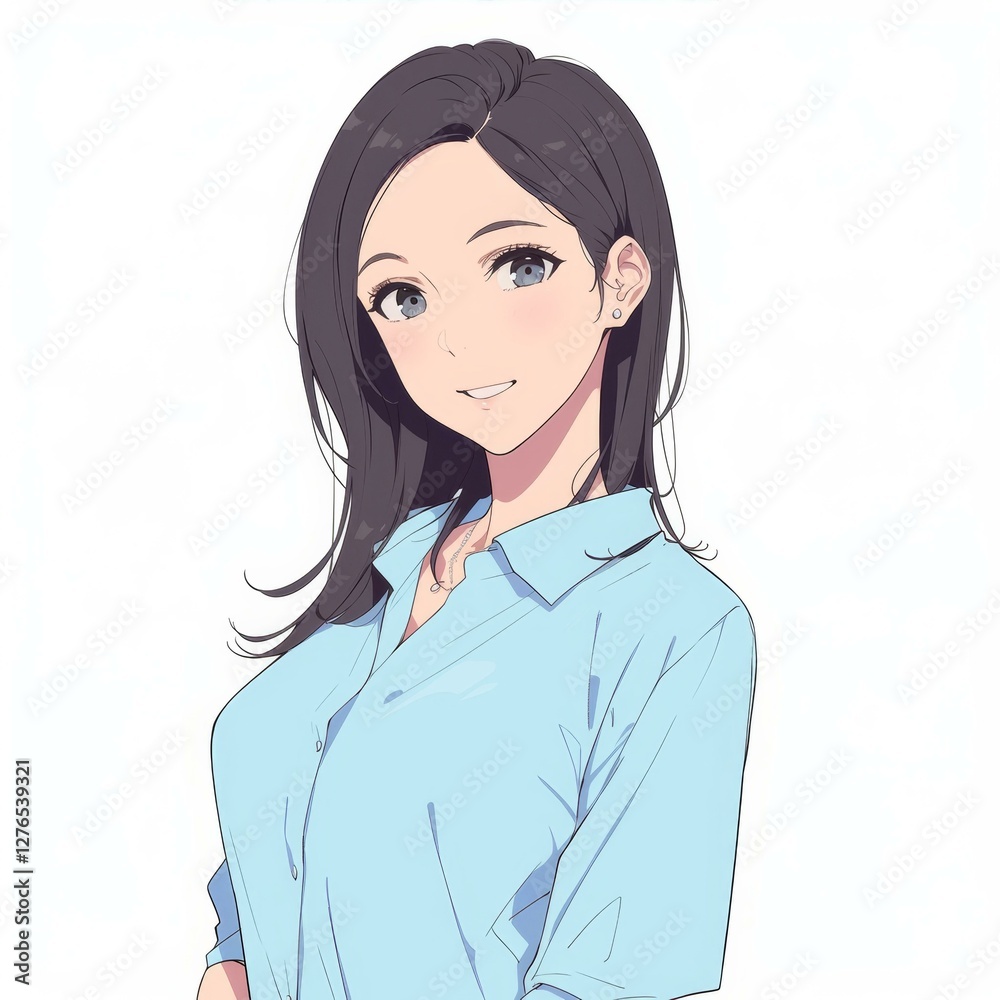 Attractive Woman in Blue Shirt with Wavy Dark Hair Illustration Against a White Background Artwork Attractive Woman in Blue Shirt with Wavy Dark Hair Illustration Against a White Background Artwork