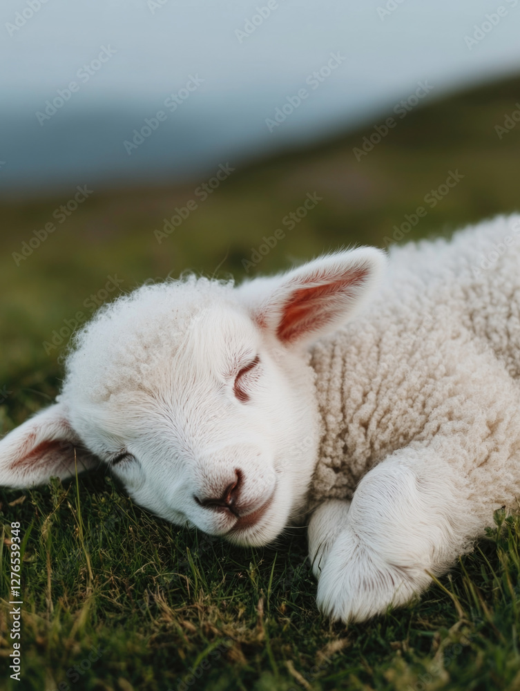 Fototapeta premium Lamb resting peacefully on green lawn during a serene afternoon