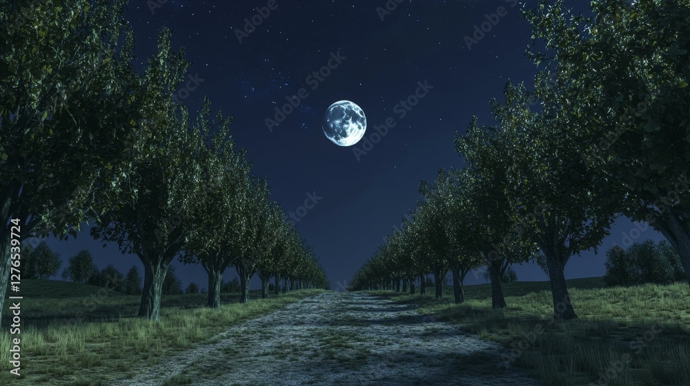 Naklejka premium Celestial Pathway Avenues of Trees and Tranquil Moonlight Night Serene Landscape Underneath Glowing Orb