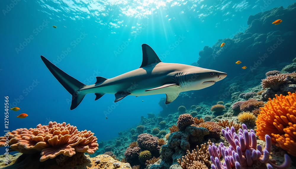 Naklejka premium Blacktip reef shark swimming over coral reef in clear ocean