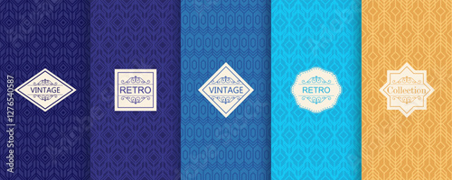 Vector geometric seamless patterns for print, decor, voucher, package, banner. Trendy set of abstract colorful backgrounds with minimal labels, frames. Abstract modern retro line ornament textures