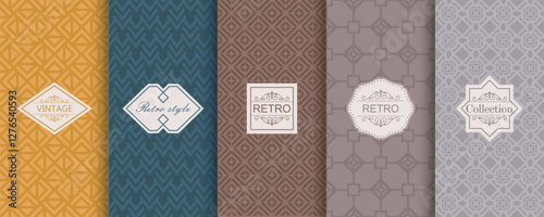 Vector geometric seamless patterns for print, decor, voucher, package, banner. Trendy set of abstract colorful backgrounds with minimal labels, frames. Abstract modern retro line ornament textures
