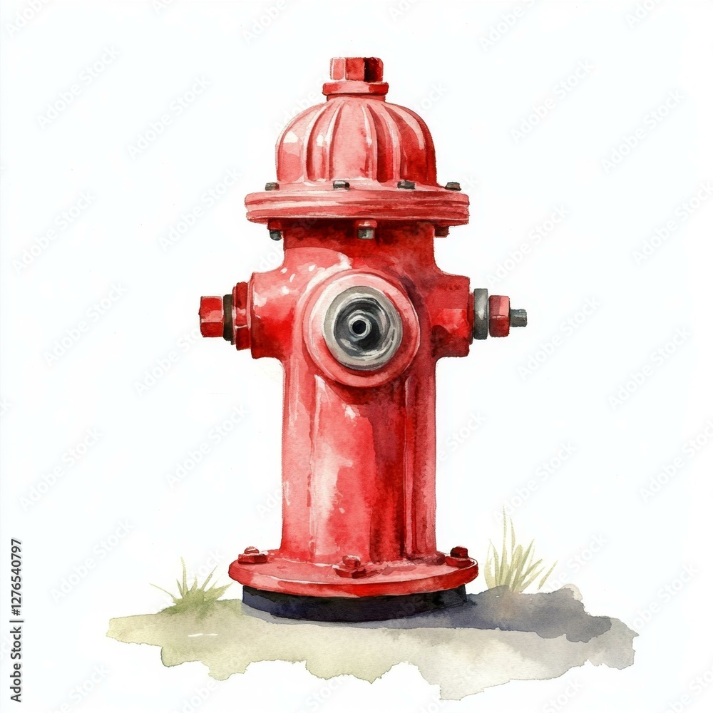 Detailed Watercolor Illustration of a Vibrant Red Fire Hydrant in an Outdoor Environment Detailed Watercolor Illustration of a Vibrant Red Fire Hydrant in an Outdoor Environment