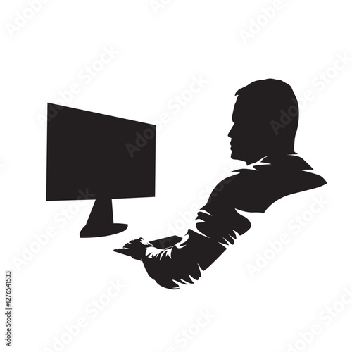 AI specialist, programmer sitting at desk and working on computer. High contrast isolated vector silhouette