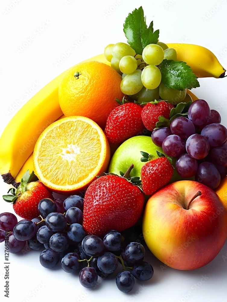 Fresh fruits arranged beautifully on a white background showcasing vibrant colors and textures Fresh fruits arranged beautifully on a white background showcasing vibrant colors and textures