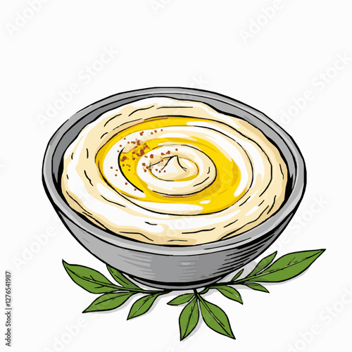 Vector Illustration of a Bowl of Freshly Made Hummus with Olive Oil Drizzle
