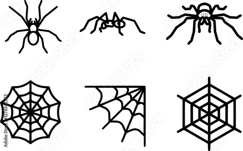 Spider and Web Vector Set | Black and White Outline Icons of Spiders and Cobwebs | Creepy Halloween Insects | Arachnid Silhouettes for Tattoos, Stickers, Logos, and Spooky Graphic Designs