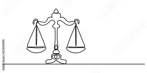 The continuation of a one-line drawing of law weights. The design is minimalist in style, and the scale is made of metal, Scales Continuous Line Art Drawing. Balance Concept One Line Illustration. 