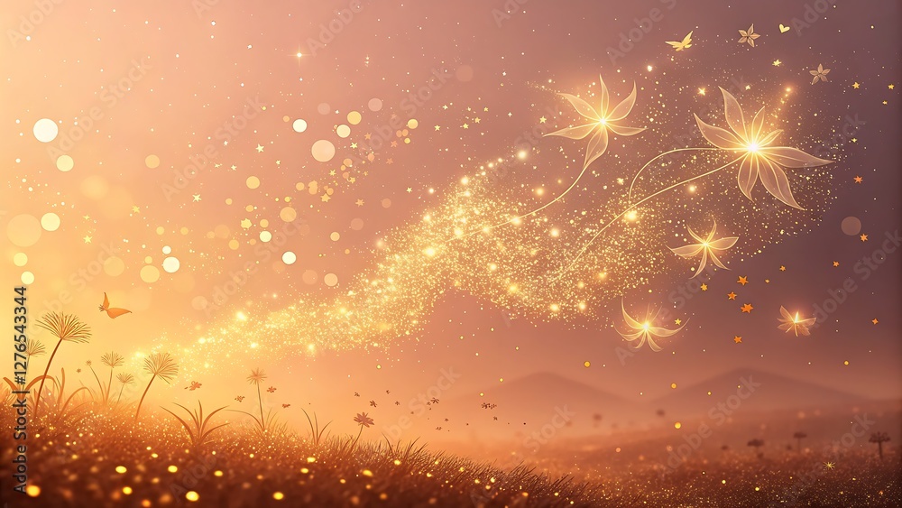 Naklejka premium Luminous Gold Dust Particles Floating in a Soft, Warm Gradient Atmosphere mesmerizing scene featuring delicate gold dust particles suspended in a soft, glowing atmosphere. 