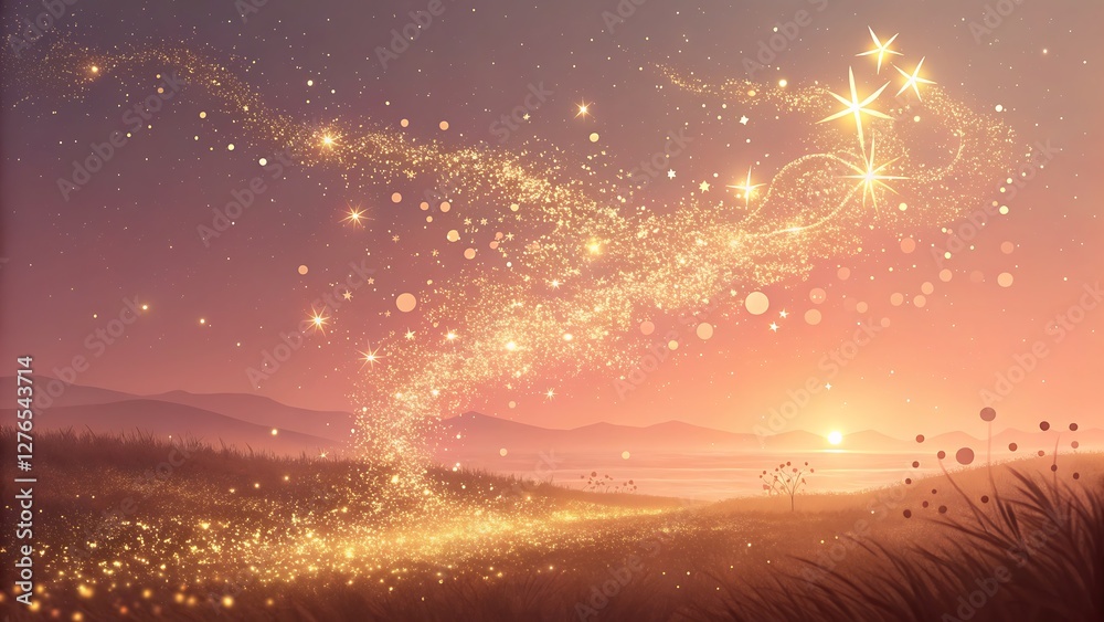 Naklejka premium Luminous Gold Dust Particles Floating in a Soft, Warm Gradient Atmosphere mesmerizing scene featuring delicate gold dust particles suspended in a soft, glowing atmosphere. 