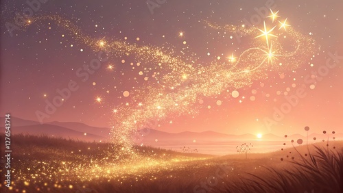 Luminous Gold Dust Particles Floating in a Soft, Warm Gradient Atmosphere mesmerizing scene featuring delicate gold dust particles suspended in a soft, glowing atmosphere.  photo