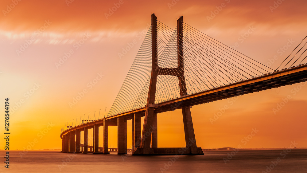 Vasco da Gamma road bridge in Portuguese capital Lisbon at sunrise. The sky is colored orange. Vasco da Gamma road bridge in Portuguese capital Lisbon at sunrise. The sky is colored orange.