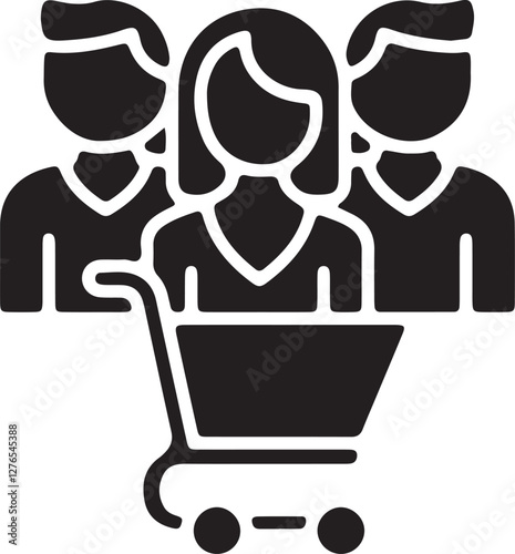 The illustration shows a woman in the center with a man on each side, monitoring a shopping cart