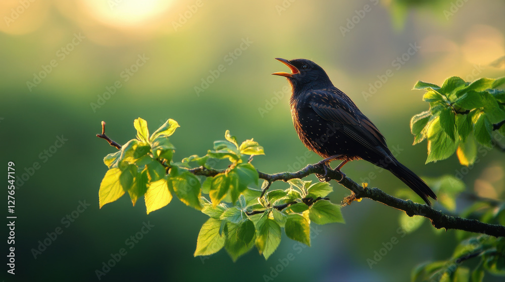Fototapeta premium blackbird perched on vibrant green branch, singing joyfully in morning light