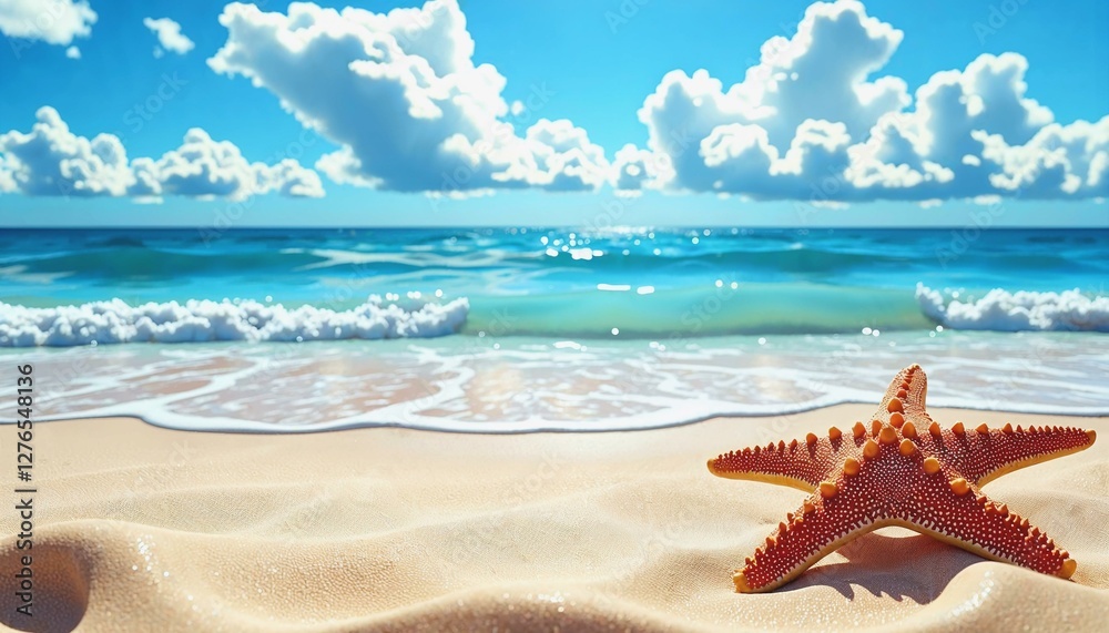 Artistic rendering of a sandy beach with starfish in a tranquil coastal setting Artistic rendering of a sandy beach with starfish in a tranquil coastal setting
