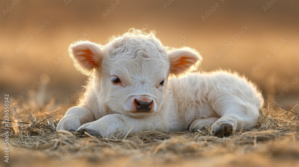 Fototapeta premium Adorable White Calf at Golden Hour