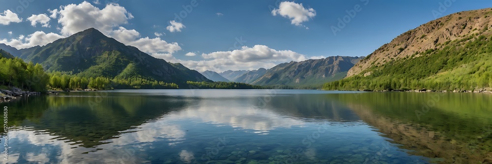 Fototapeta premium Panoramic Mountain and Lake Reflection A Serene Natural Landscape