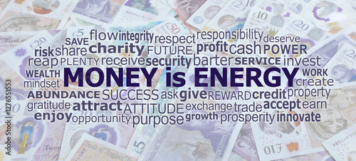 Photos Money is Energy Sterling Word Cloud concept - various  denomination notes laid f