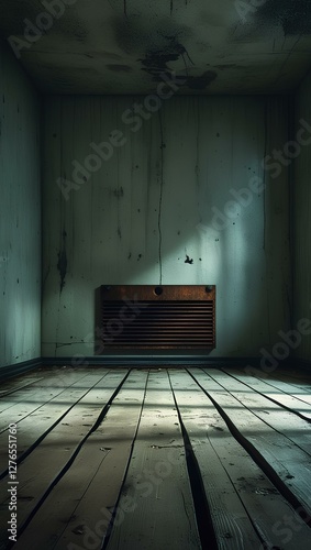A dimly lit cramped room with a worn wooden floor adorned with scratches and fading planks